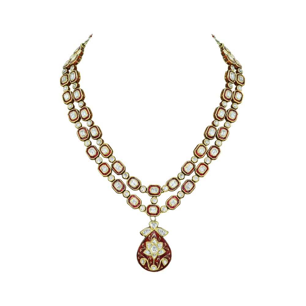 Double-Layer Polki Necklace with Red Enamel and Floral Pendant